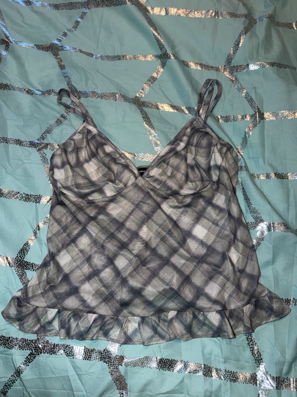 PacSun Third Charm Grey Plaid Sheer Ruffle Hem Cami